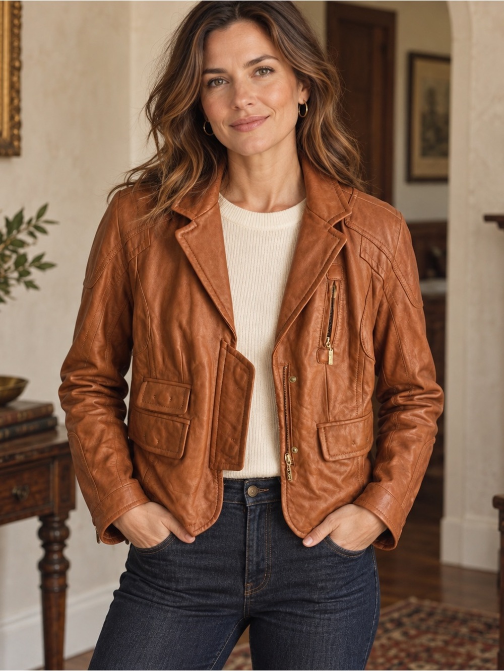Marciano by Guess Genuine Leather Jacket Women's M Cognac Brown Multi-Pocket